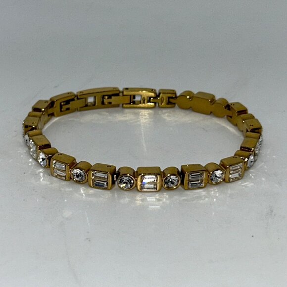 Badcley Michka Jewelry - Vintage Badcley Michka Gold-Tone Bracelet With Clear Rhinestones Geometric